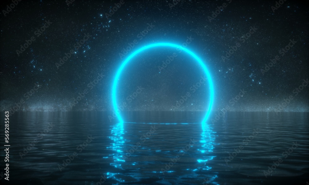 Night calming landscape. Blue Glowing neon ring reflecting in water. Starry sky. Fantastic silent scene. 3D illustration.