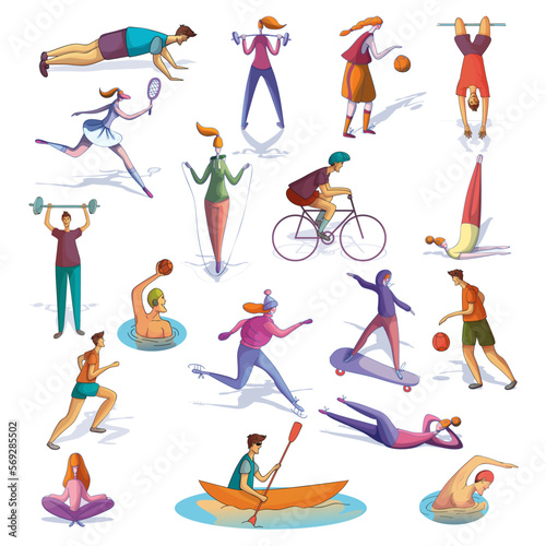 Set of people doing different sports set. Male and female athletes playing, running, doing sports exercise. Physical activity and healthy lifestyle concept cartoon vector