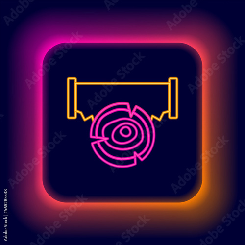 Glowing neon line Two-handed saw and log icon isolated on black background. Colorful outline concept. Vector