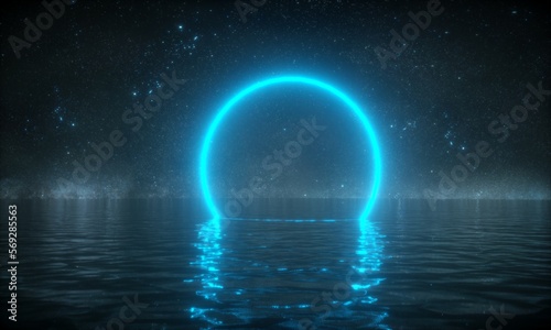Night calming landscape. Blue Glowing neon ring reflecting in water. Starry sky. Fantastic silent scene. 3D illustration.