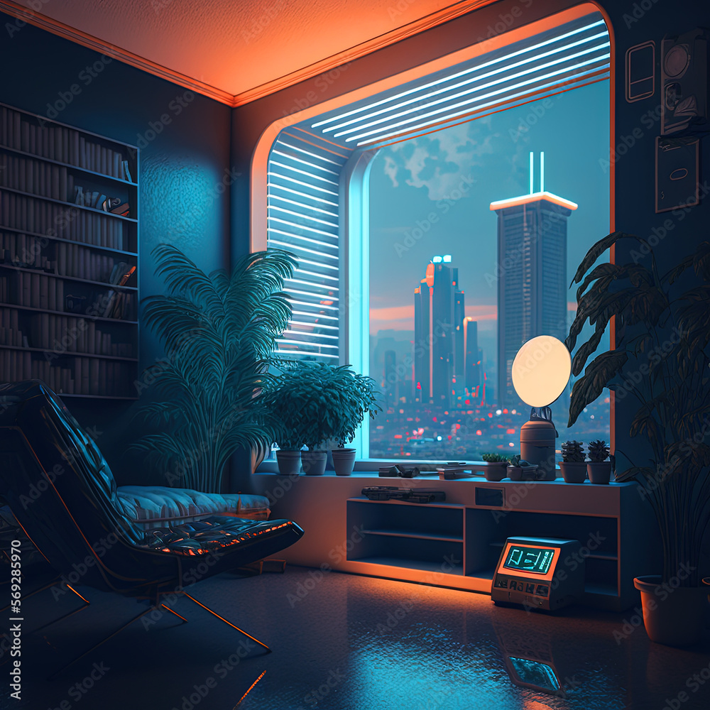 Nostalgic retro room in 80s synthwave or cyberpunk style. Futuristic