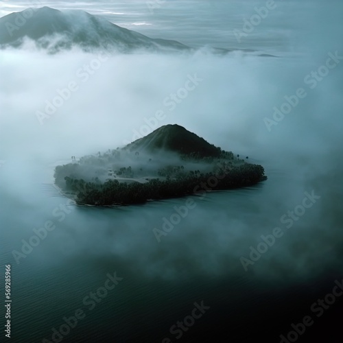 A mysterious island surrounded by fog. 