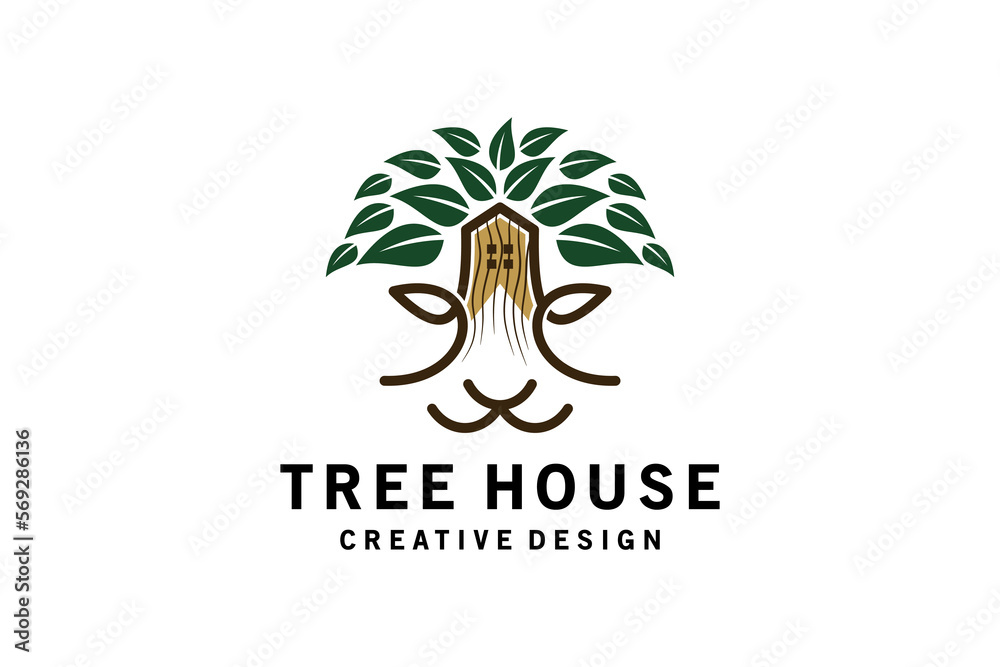 Fototapeta premium Nature tree house logo design lion or tiger face shape