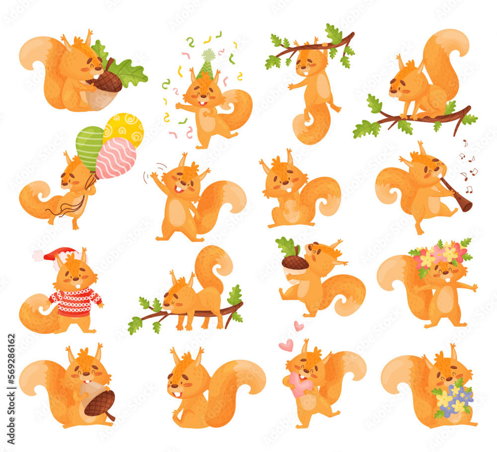 Fototapeta premium Cute squirrel character in different activities set. Funny adorable fores animals with red furry tail cartoon vector illustration