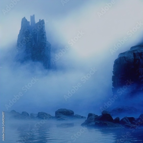 A mysterious island surrounded by fog. 