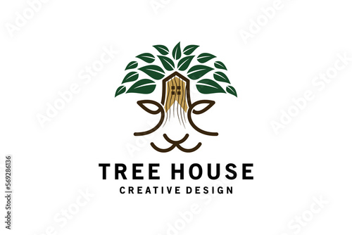 Nature tree house logo design lion or tiger face shape