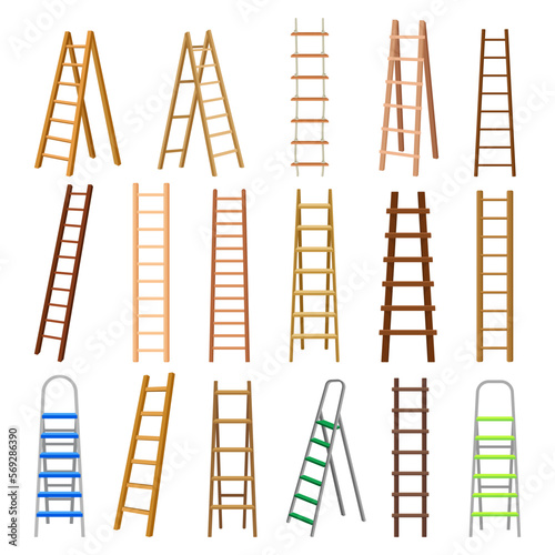 Step ladders set. Wooden and metal stairs for domestic and construction needs cartoon vector illustration