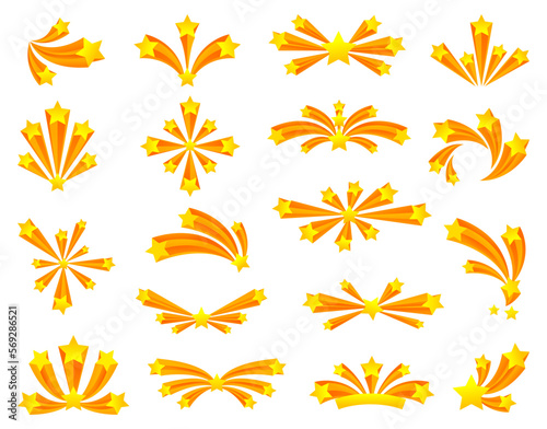 Golden star fireworks set. Glowing stars light effect and bursts cartoon vector illustration