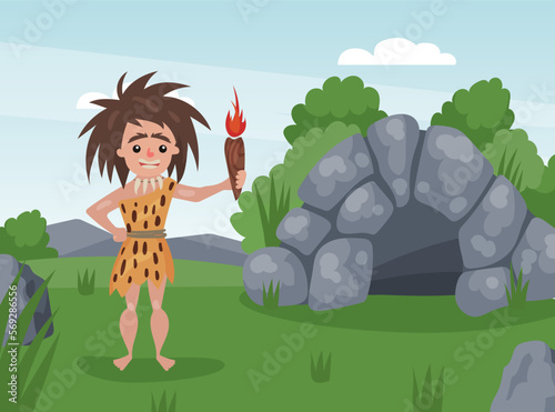 Prehistoric man standing with torch near cave. Cavemen primitive prehistoric character cartoon vector