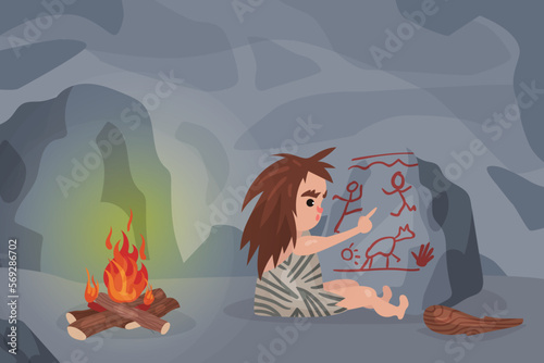 Prehistoric girl dressed in animal skin drawing on wall of cave. Primitive prehistoric child character cartoon vector