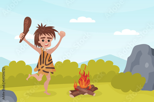 Prehistoric man with cudgel jumping near bonfire. Cavemen primitive prehistoric character cartoon vector