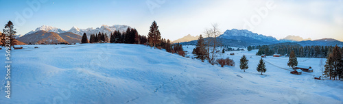 beautiful winter landscape panorama Buckelwiesen, upper bavaria near Krun