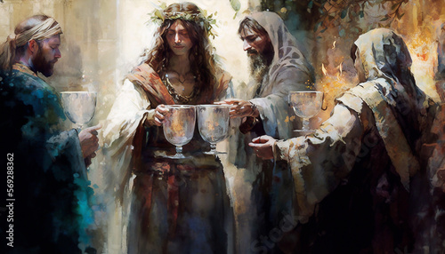 Illustration representing the wedding at Cana with Jesus turning water into wine - AI generative