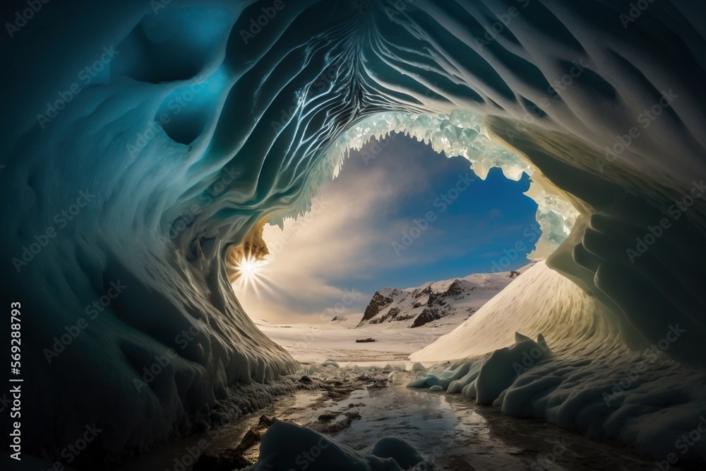 Eishöhle in den Bergen - Sonne im Hintergrund  - Generative AI