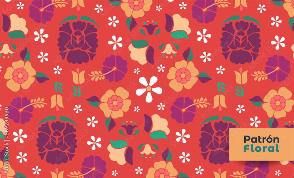 Fondo, patrón de flores estilo bordado mexicano. México.