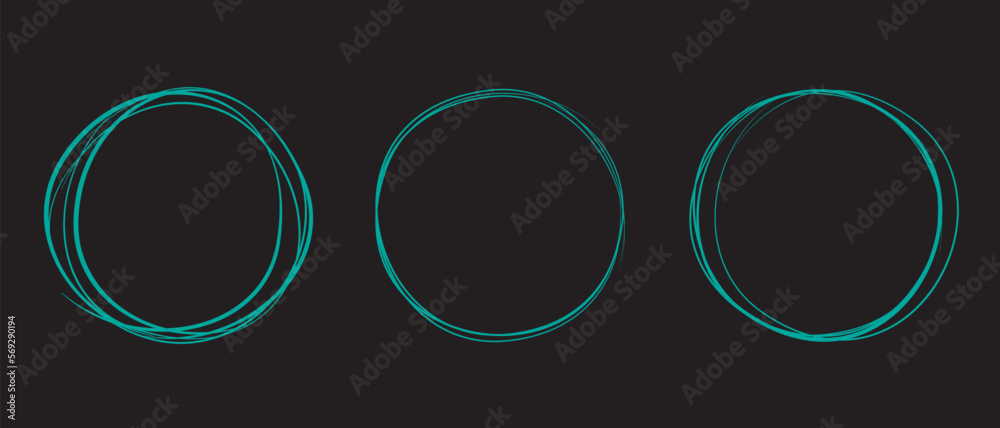 Teal circle line hand drawn set. Highlight hand drawing circle on black background. Round handwritten circle. For marking text, note, logo, mark icon, number, marker pen, pencil and text check, vector Teal circle line hand drawn set. Highlight hand drawing circle on black background. Round handwritten circle. For marking text, note, logo, mark icon, number, marker pen, pencil and text check, vector