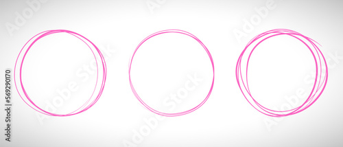 Pink circle line hand drawn set. Highlight hand drawing circle isolated on background. Round handwritten circle. For marking text, note, mark icon, number, marker pen, pencil and text check, vector
