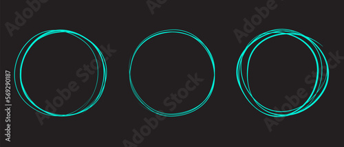 Turquoise circle line hand drawn set. Highlight hand drawing circle on black background. Round handwritten circle. For marking text, note, mark icon, number, marker pen, pencil and text check, vector