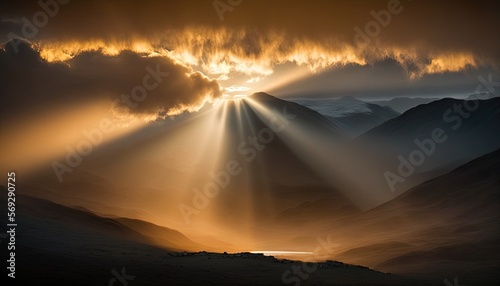  the sun is shining through the clouds over the mountain range in the mountains of a valley in the distance is a body of water in the foreground. generative ai