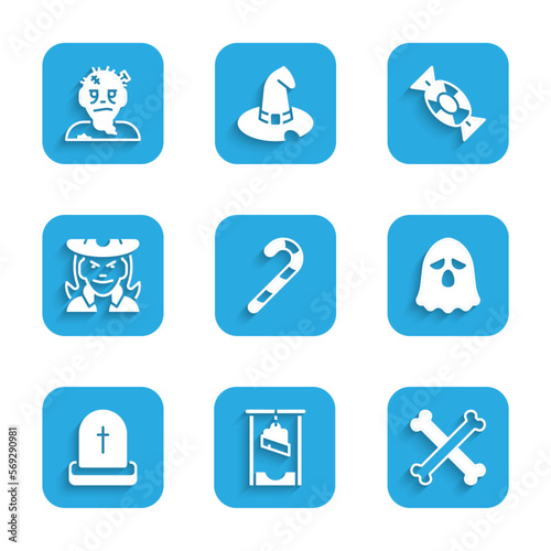Set Christmas candy cane, Guillotine, Crossed bones, Ghost, Tombstone with RIP written, Witch, Candy and Zombie mask icon. Vector