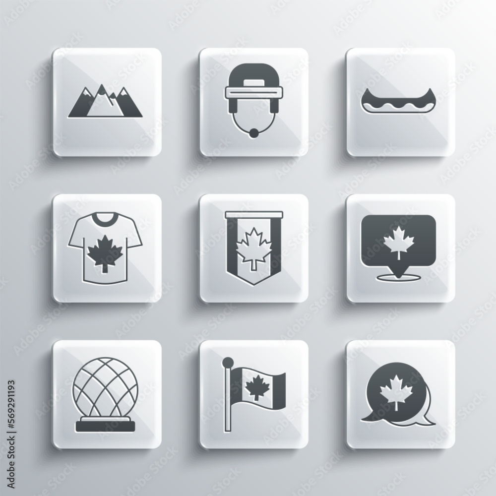 Set Flag of Canada, Canadian maple leaf, Pennant flag, Montreal Biosphere, Hockey jersey, Mountains and Kayak icon. Vector