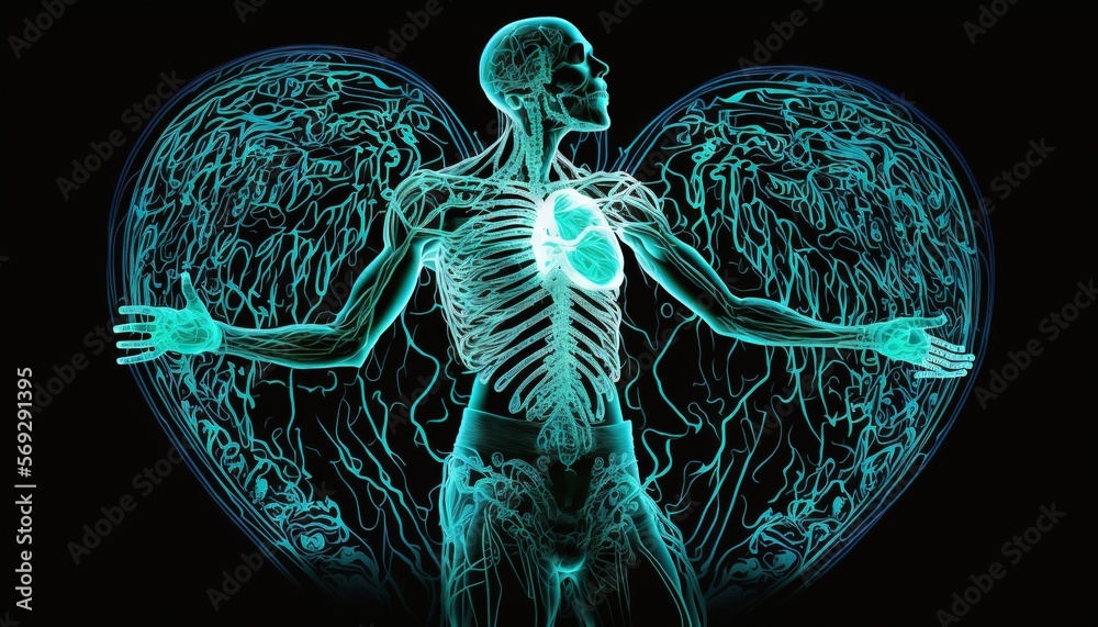 a human figure with a glowing heart in the middle of the body and hands ...