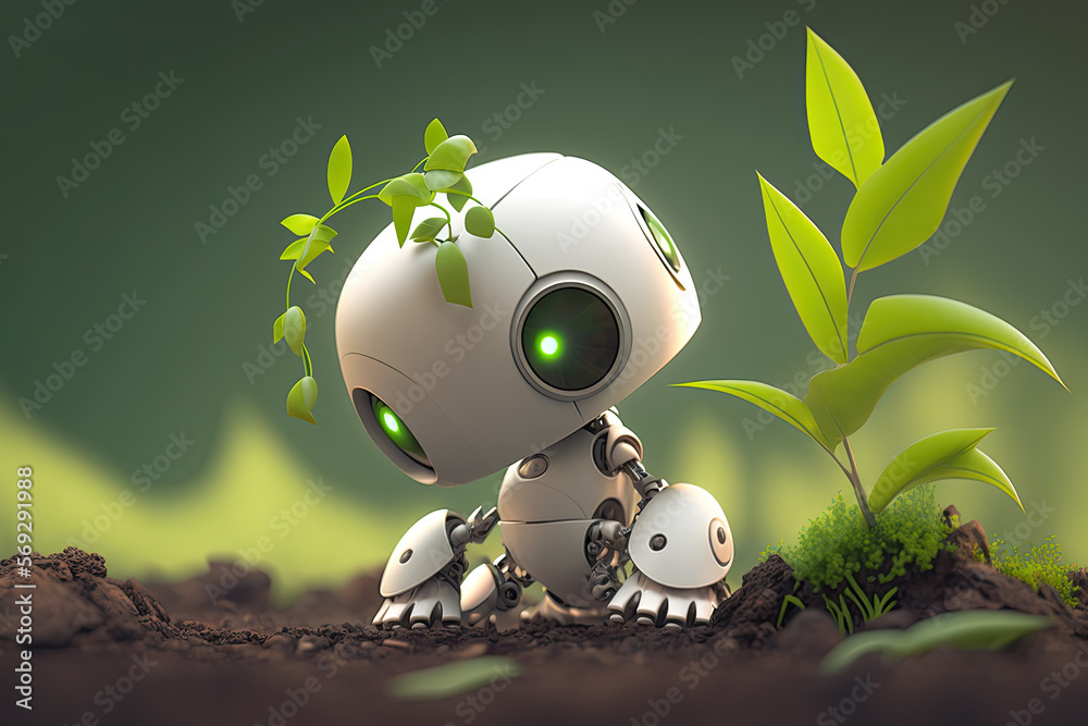 Cute little robot with plants. Agriculture concept. Smart farming