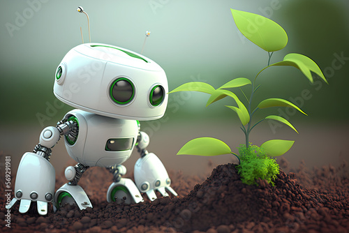 Cute little robot with plants. Agriculture concept. Smart farming. Beautiful illustration. Generative AI