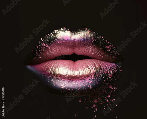 Abstract pink lips on a black background.pink lips close up. Beautiful make-up. beautiful color on the beauty of the female mouth, close-up. mouth icon..Generative AI