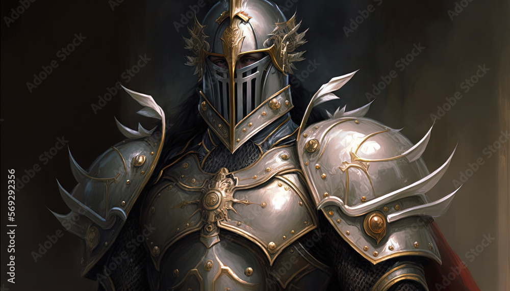 a painting of a knight in armor with a sword in his hand and a helmet ...