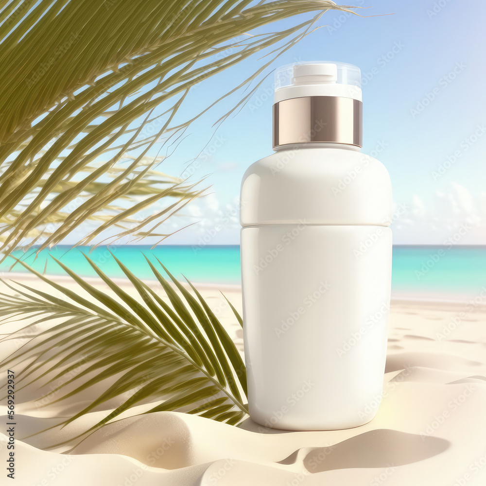 white bottle for cosmetics on the sand near the sea under palm trees. Essential cream for body skin moisturizing, face care. cosmetic dropper bottle mockup with skin care concept.Generative AI white bottle for cosmetics on the sand near the sea under palm trees. Essential cream for body skin moisturizing, face care. cosmetic dropper bottle mockup with skin care concept.Generative AI