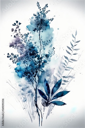 Blue bouquet of Flowers watercolor artwork, Generative AI