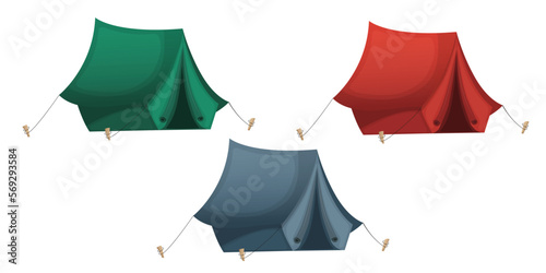 Set of camping tents in different colors. Camping tents insulated on white background. Vector illustration.