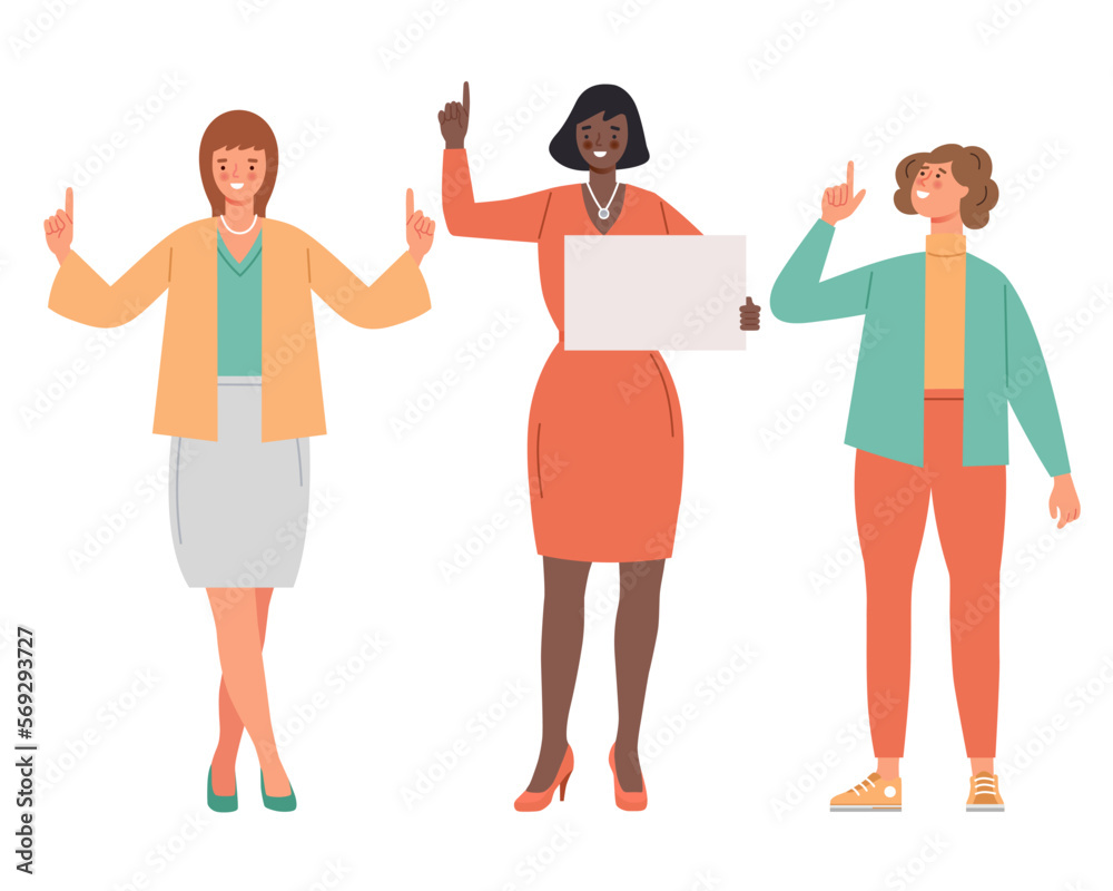 Obraz premium Smiling women pointing with finger up. Young girl portrait with friendly gesture. Positive communication, expressing feelings concept. Vector flat character illustration isolated on white background