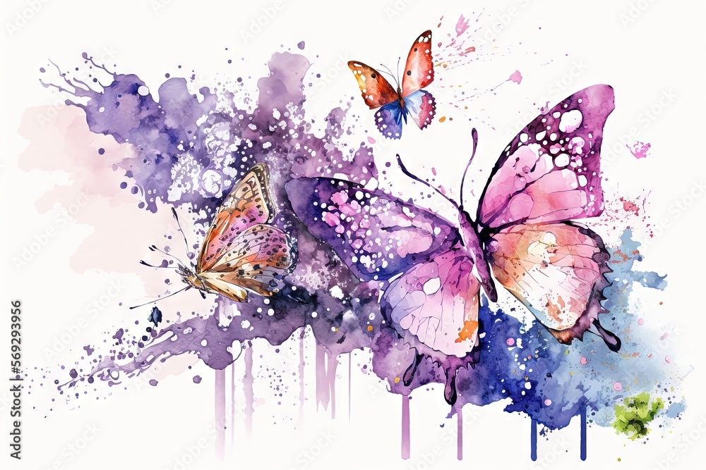 a watercolor painting of two butterflies flying over a purple and blue background with splots of