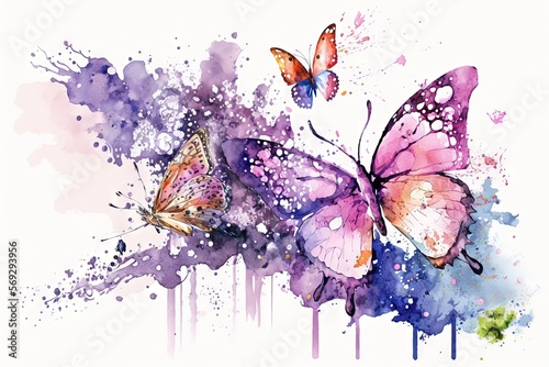  a watercolor painting of two butterflies flying over a purple and blue background with splots of paint on it's wings and a white background.  generative ai