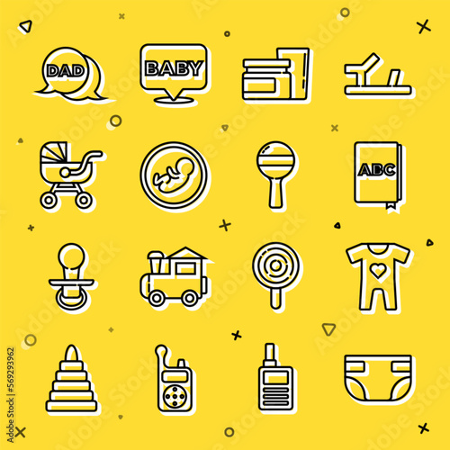 Set line Baby absorbent diaper, clothes, ABC book, food, stroller, Speech bubble dad and Rattle baby toy icon. Vector