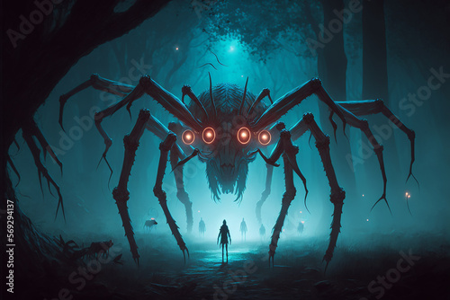 spider alien in a forest at night