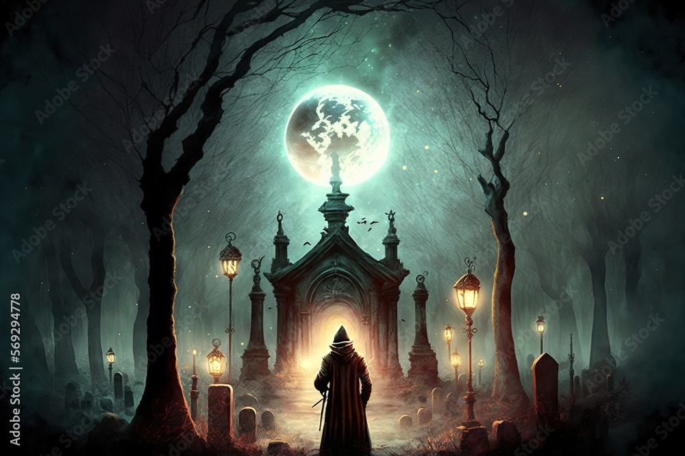 Abandoned Cemetery With Old Celtic Cross Gravestone At Dark Misty Full moon Night. Grim reaper, Halloween Horror. Concept Art, Digital Illustration, Generative AI