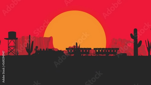 western train, wild west, old train, western, sunset, 2d, steam locomotive, loop animation, 4K resolution photo
