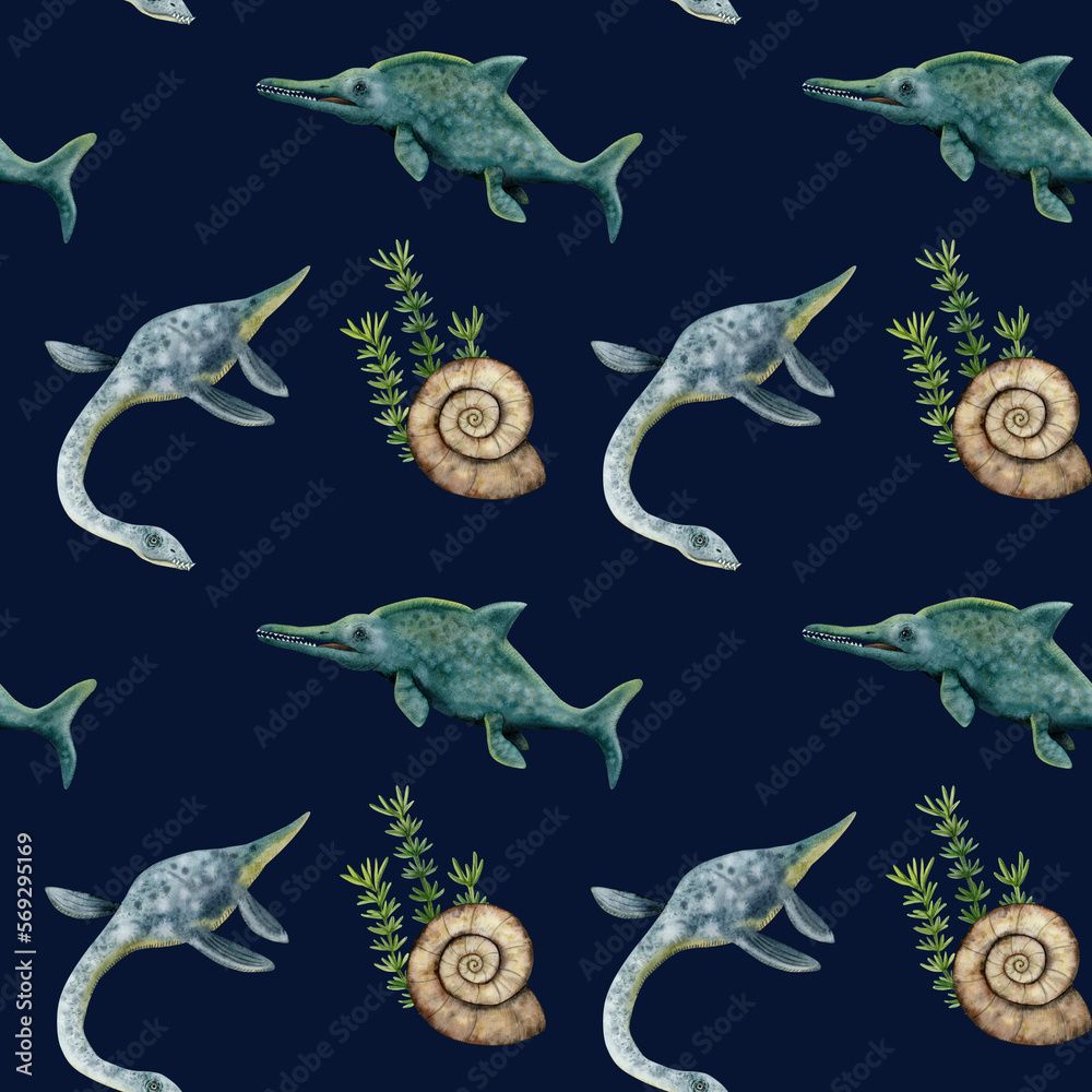 Watercolor seamless pattern with ichthyosaurs, underwater dinosaurs, plesiosaurs, ammonites on dark blue background Watercolor seamless pattern with ichthyosaurs, underwater dinosaurs, plesiosaurs, ammonites on dark blue background