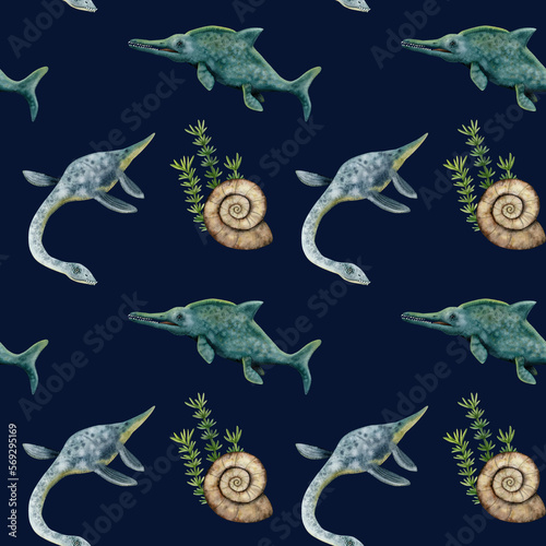 Watercolor seamless pattern with ichthyosaurs, underwater dinosaurs, plesiosaurs, ammonites on dark blue background