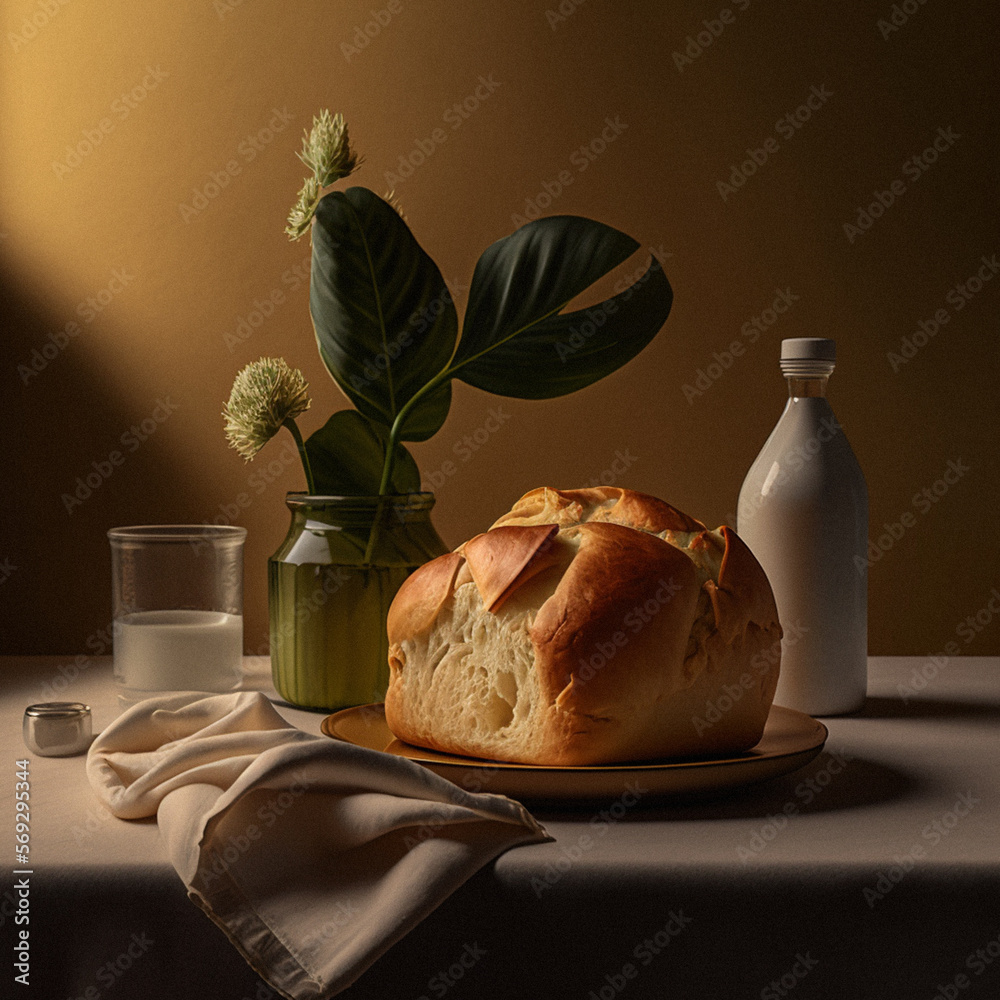 Bodegón de pan sobre mesa y mantel con plantas y flores. Generado con IA.  Stock Illustration | Adobe Stock