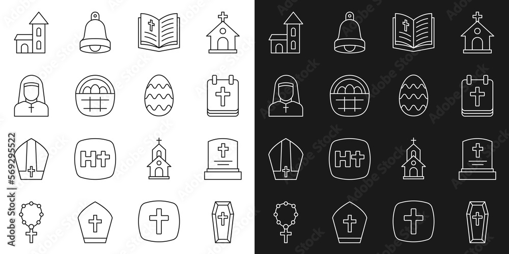 Set line Coffin, Grave with tombstone, Calendar Easter, Holy bible book, Basket easter eggs, Nun, Church building and icon. Vector