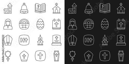 Set line Coffin  Grave with tombstone  Calendar Easter  Holy bible book  Basket easter eggs  Nun  Church building and icon. Vector