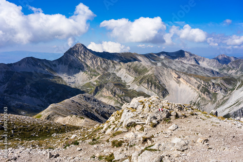 Hiking Corno Grande summit, highest mountain of Apennine Mountains, Gran Sasso National Park, Italy
