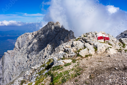 Peaceful and panoramic trail to Corno Grande summit, highest peak of Apennine Mountains, Gran Sasso National Park, Italy