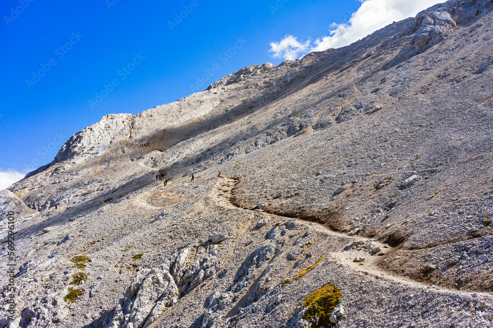 Scenic trail to Corno Grande summit, highest mountain of Apennine Mountains, Gran Sasso National Park, Italy