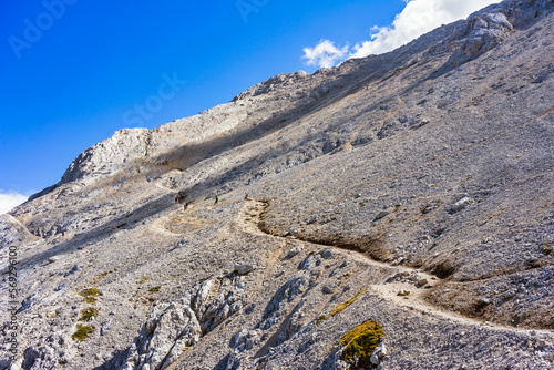 Scenic trail to Corno Grande summit, highest mountain of Apennine Mountains, Gran Sasso National Park, Italy