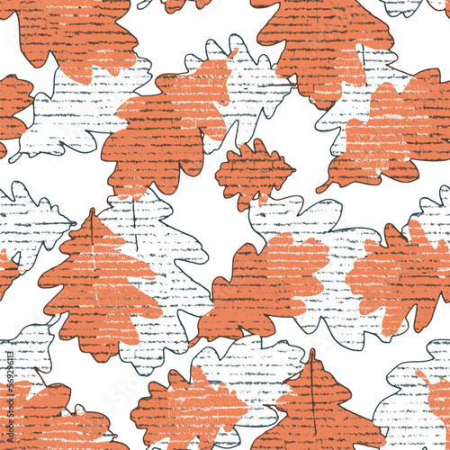 Autumn leaf quilt style vintage seamless pattern. Homely cottage core patchwork boho design for 70s background. Natural design of foliage.